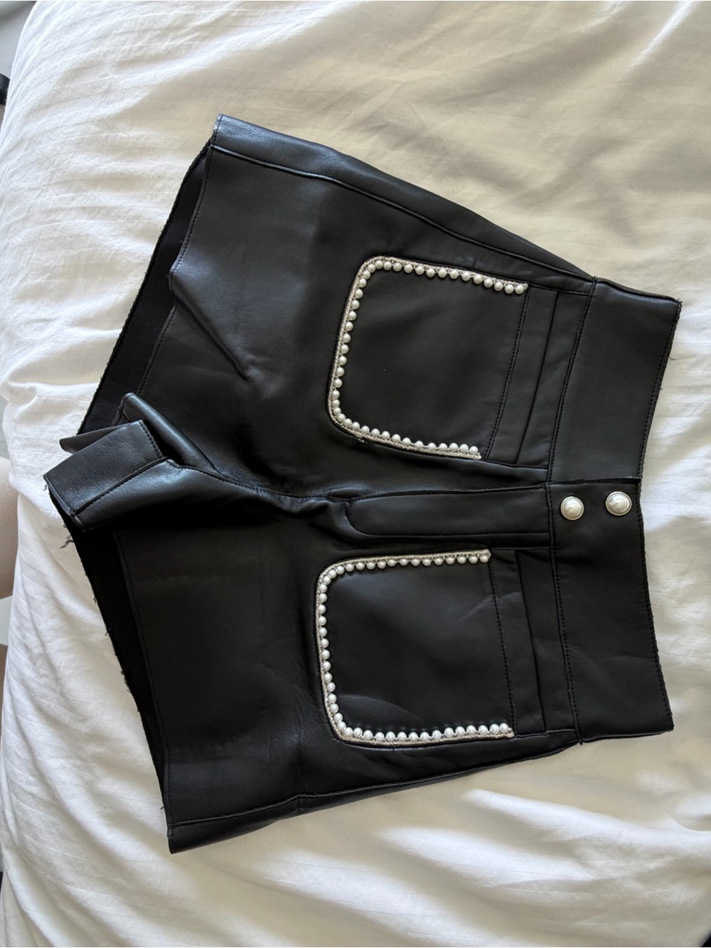 High-Waist Black Faux Leather Shorts with Pearl-Trim Pockets